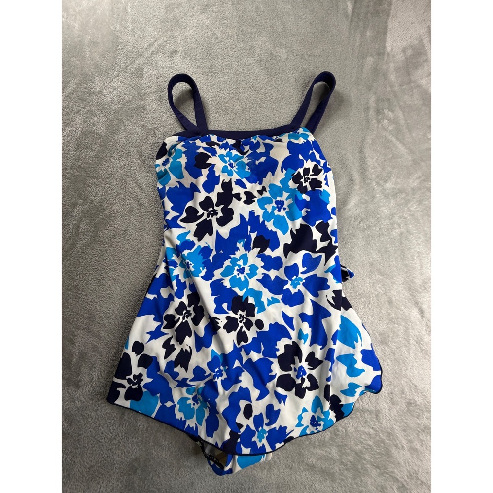Maxine of Hollywood Swimsuit Women 12 Blue Floral One Piece Sarong